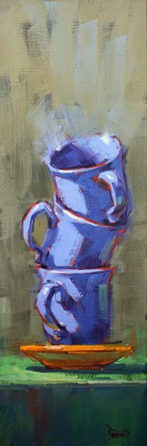 a painting of two blue coffee cups with the words feliz domingo