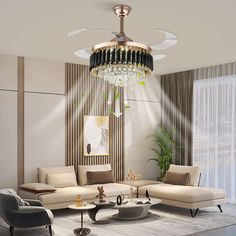 a living room with couches, chairs and a chandelier hanging from the ceiling