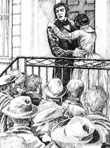 a black and white drawing of people in front of a cage with one person holding the other