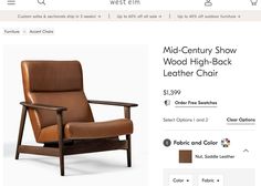 the mid - century show wood high back leather chair is on sale for $ 3 99