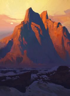 an oil painting of a mountain at sunset