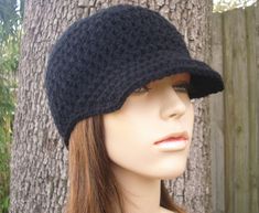 This pattern is a quick crochet project using worsted weight yarn. It creates a comfortable fitting beanie and continues with instructions to add a visor brim. It is crocheted in the round, in a spiral, omitting any chaining from round to round, to avoid any seam or ladder effects. This hat will fit an average adult head size of 20 - 22 inches. This pattern is written in American crochet terms Materials you will need: Yarn: roughly 100 yards of WW yarn. I like Caron's Simply Soft and Lion Brand' Black Newsboy Hat, Black Crochet Hat, Mens Hat Pattern, Skater Beanie, Newsboy Hat Pattern, Cappello Cloche, Teen Hats, Crochet Hat With Brim, Crochet Hood