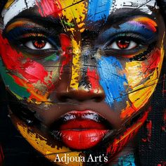 a woman's face painted in bright colors with the words adina arts on it