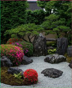 a garden with rocks, flowers and trees in the background on a gravel ground surrounded by stones