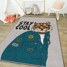 a rug with a tiger wearing a blue jacket on it's face and the words stay cool