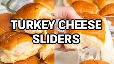 turkey cheese sliders are being held up by someone's hand with the words turkey cheese sliders above them