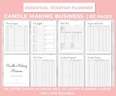 the start - up planner for soap making business is displayed on a pink and white background