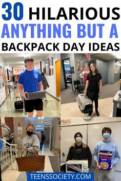 These anything but a backpack day ideas are hilarious! Special Days At School Ideas, Bring Anything But A Backpack Day School, Everything But Backpack Day Ideas, What To Bring For Anything But A Backpack Day, No Bagpack Day Ideas, No Backpack Day Ideas Funny, Spirit Week Anything But A Backpack, No Backpack Day Ideas School, Dress Like Your Students Day