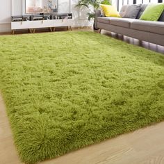 a living room with a green rug on the floor and a couch in the background