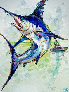 a painting of a blue marlin on the water