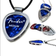 three pieces of jewelry are shown on a white background with the words fenderer medium