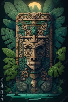 an illustration of a tiki mask surrounded by tropical plants and leaves with a full moon in the background