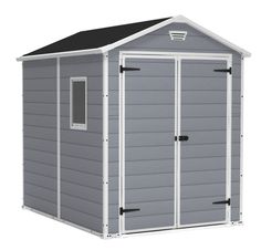 a gray and white shed with the door open to show it's black roof