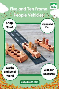 Wooden peg people vehicles on a chalkboard road. Mathematical Thinking, Eyfs Maths, Dream Classroom, Play Math, Maths Ideas, Woodwork Projects, Peg People, Ten Frame