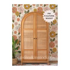 an image of a wooden cabinet with flowers on the wallpaper mockup for sale