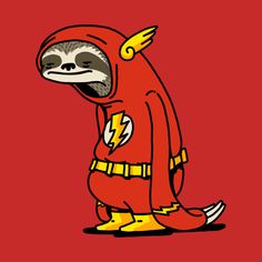 a slotty in a red and yellow costume with lightning bolt on it's chest