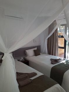 two beds in a room with white drapes