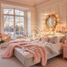 a bedroom decorated for christmas with pink fur on the bed and candles in the windows