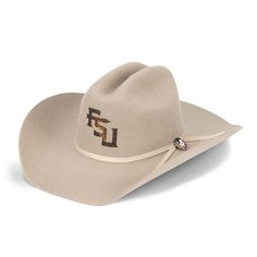 Howdy, Florida State Seminoles fans! Spruce up your wardrobe with a little country flair courtesy of this Authentic Felt Cowboy Hat. Exquisite details from USCAPE x Seager adorn the debut design, including a 4 1/2" cattleman crown, 4" brim with Western Flange and two-cord ribbon hat-band with a custom Florida State Seminoles pin. A brown leather sweatband with gold foil and a sleek black silk liner ensures deluxe comfort for the wearer. It is one mighty fine piece of headwear for the modern Florida State Seminoles supporter. Southern Style Brown Hat With Curved Brim, Fitted Cap For Rodeo, Country Style Felt Cap Hat, Country Style Felt Cap, Country Style Cap Shaped Felt Hat, Country Style Ranch Hats, Country Style Cap For Western-themed Events, Country Style Cap For Rodeo, Felt Cap Hat For Country Events, One Size