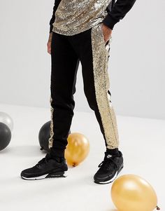 Joggers ajustados con paneles cosidos con lentejuelas doradas de ASOS | ASOS Logo Design Dance, Asos Sweatshirt, Dance Style Outfits, Asos Menswear, Town Outfits, Sport Set, Drag King, Lit Outfits, Dancers Outfit