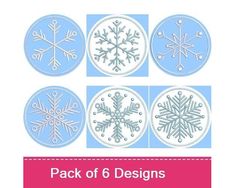 four snowflakes are shown with the words pack of 6 designs