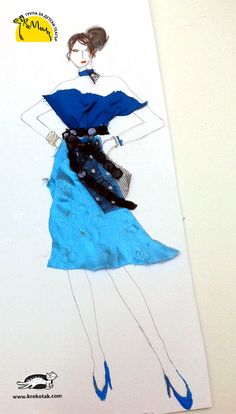 a drawing of a woman wearing a blue dress and black shoes with her hands on her hips