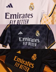 three different types of soccer jerseys with the same name and number on them, all in different colors