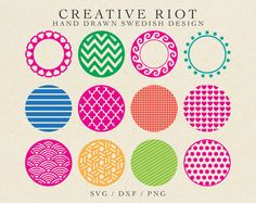 an assortment of different colored circles with the words creative riot written in each circle on them