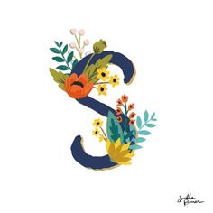 the letter s is decorated with flowers and leaves