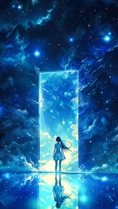 a girl standing in front of a mirror with stars and clouds behind her, looking at the sky