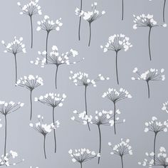 the wallpaper has white flowers on it and is grey with white dots in them