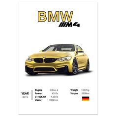 the bmw m4 poster is shown in gold