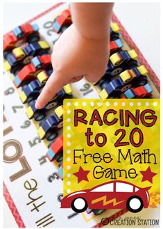 a close up of a sign with a hand pointing at it and the words racing to 20 free math game