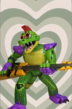 a cartoon character is holding a guitar and wearing a costume that looks like a turtle