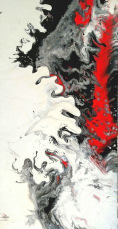 an abstract painting with black, white and red colors on it's surface is shown