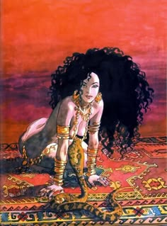 a painting of a woman with long black hair and gold jewelry on her body, sitting on a rug