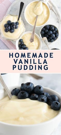 homemade vanilla pudding with blueberries in bowls