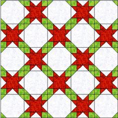 a red and green quilted pattern with white squares on the bottom, one in the middle