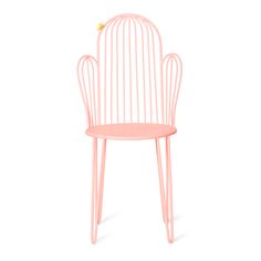 a pink chair with a bird on it's back and legs, against a white background