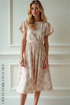 Olivia Mark - Elegant Floral Midi Dress with Flutter Sleeves - A Touch of Pastel Charm Pattern Drapes, Sunny Garden, Dress With Flutter Sleeves, Elegant Floral, Floral Midi Dress, Flutter Sleeves, Olivia Mark, Flutter Sleeve, Garden Party