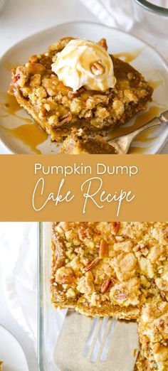 pumpkin dump cake recipe on a plate with a fork