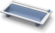 a white and blue plastic table with an open lid on the top, in front of a white background