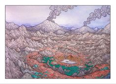 a drawing of a mountain range with a lake in the middle and clouds above it