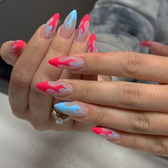 Acrylic Nails Two Colors On Each Hand, Nacho Libre Nails, Punk Summer Nails, Neon Stiletto Nails Designs, Asymmetrical Nail Design, Colorful Flame Nails, Fire Nails Acrylic, Funky Nail Art Acrylic, Nail Art 2024 Trends