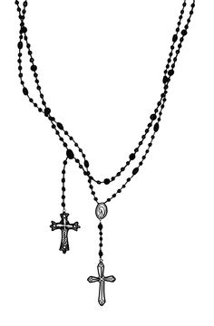 a black and white drawing of a rosary with a cross on it's end