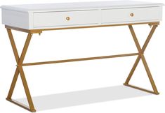 a white and gold desk with two drawers on each side, against a white background