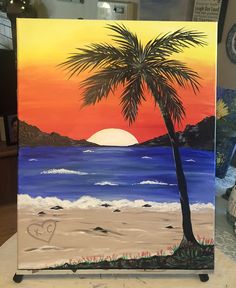 a painting of a palm tree in front of the ocean with a sunset behind it