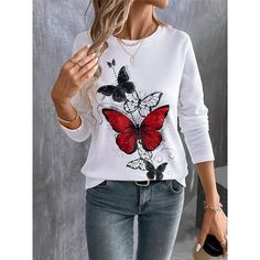 Category:Long Sleeve T-shirt; Season:Fall,Winter; Fabric:100% Cotton; Sleeve Length:Long Sleeve; Look After Me:Machine wash,Washable,Wet and Dry Cleaning; Gender:Women's; Style:Casual; Elasticity:Micro-elastic; Tops Type:T shirt; Occasion:Daily,Weekend; Top Length:Regular; Fit Type:Regular Fit; Pattern:Butterfly; Design:Print; Neckline:Round Neck; Brand:Shall We; Listing Date:09/19/2024 Pattern Butterfly, Winter Fabric, Fall Winter 2024, White Summer, Winter 2024, Butterfly Design, Womens Tunics, Butterfly Print, White Long Sleeve