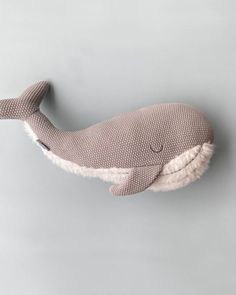 a stuffed whale is hanging on the wall