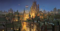 an image of a city at night with hot air balloons in the sky